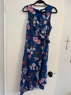 Parker Royal Blue Floral Wrap Midi Dress with Pink Accents